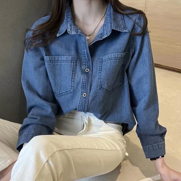 진청 데님 여성 단추 캐주얼 포켓 카라 셔츠