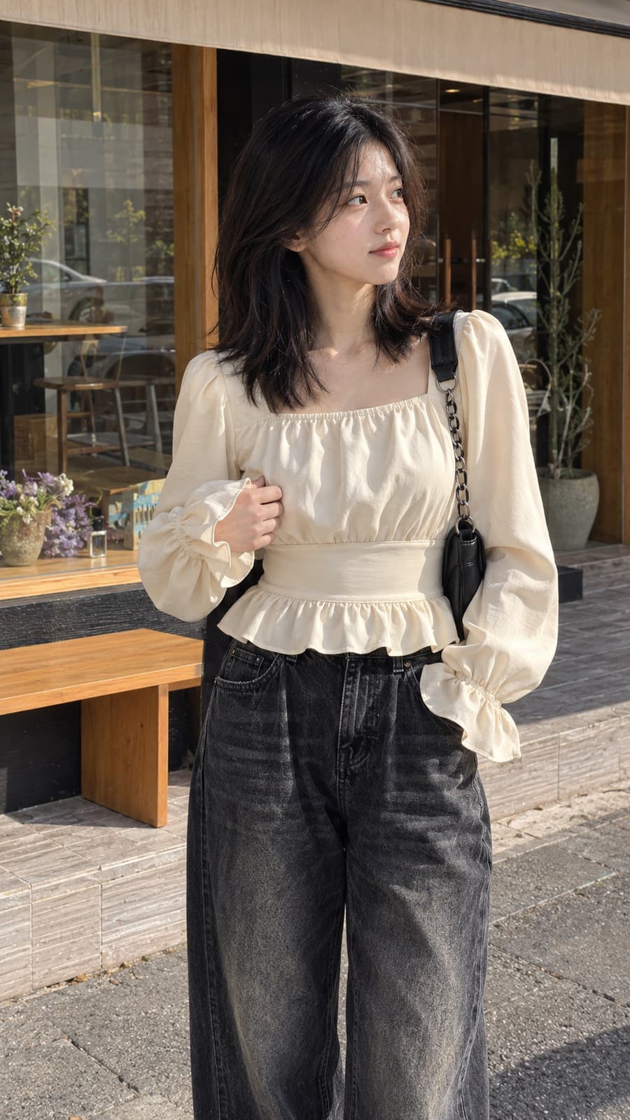 스퀘어넥 긴팔블라우스 셔링 셔링블라우스 여성 가을패션 가을 여성