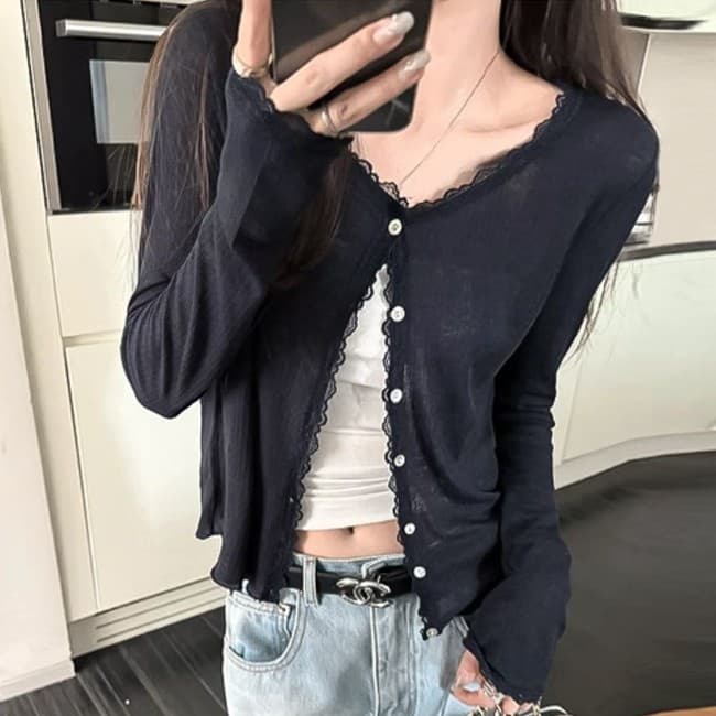 슬림 러블리 여성 시스루 레이스 가디건