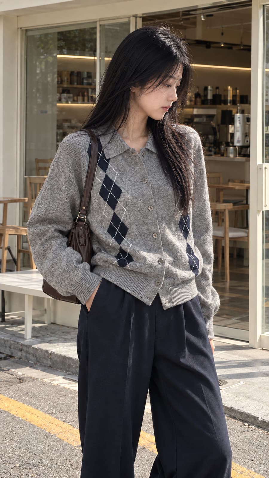 클래식 아가일 프레피무드 카라 가디건