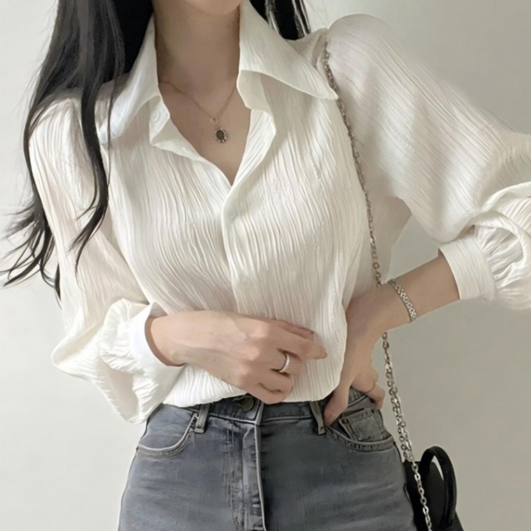 시어 플리츠 크레이프 루즈핏 카라 셔츠